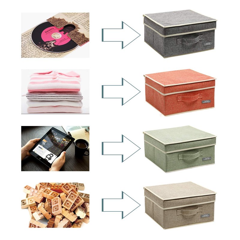 YueYue Small 4 Pack Fabric Stroage Box with Lids, Linen