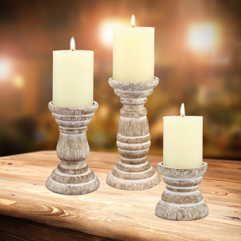 Stonebriar Antique White Wooden Pillar Candle Holder, Vintage Seaside Pillar