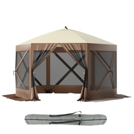 GarveeLife 12x12ft Pop-Up Gazebo Screen Tent,6-Sided Canopy Sun Shelter with Portable Carry Bag, Fiber Poles, Guy Rope, Ground Pegs, and 600D Oxford Cloth for Patio, Lawn, and Backyard(Brown + Beige)