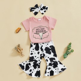Kayotuas Western Baby Girl Clothes Summer Cowgirl Outfit Short Sleeve Romper Bow Boots Cow Print Flared Bell Bottom Pants Set, Pink, 0-3 Months