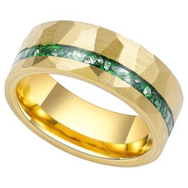 Reseldda 8mm Men's Tungsten Wedding Bands 14K Yellow Gold Hammered Tungsten Rings for Men with Emerald Inlay Matte Brush Daily Wear Comfort Fit Size 9