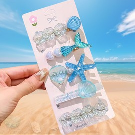5 Pieces - Mermaid, Pearl, Shell, Starfish, Multicolor Hair Clip with Sequin Duck Beak Clips, Non-Slip and Non-Hair Damage (blue)