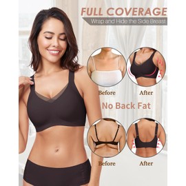 WOWENY V Neck Crossover Lace Mesh Bras for Women No Underwire Seamless Bralette Wireless Bra Full Coverage Everyday Bra(Black, S)