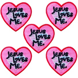 Laughing Lizards Jesus Loves Me Heart Patches (5-Pack) Religious Iron On Patch Embroidered Applique - Embellishments for Clothing, Jackets, Backpacks, and Decorations (5 Pack Jesus Loves Me)