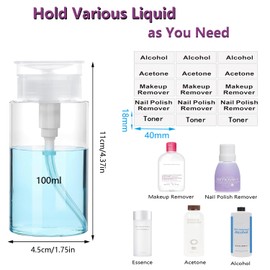 Push Down Pump Dispenser, 3.4oz Clear Pump Bottles with Alcohol, Acetone, Nail Polish Remover, Makeup Remover, Toner Stickers Empty Push Top Container for Liquid (100ml-4Pack)