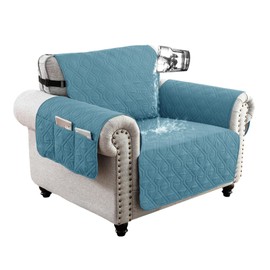 QQJIN 100% Waterproof Single Sofa Chair Cover, 1 Seater Sofa Armchair Cover with Side Pockets, Washable Anti-slip Sofa Chair Cover for Kids Pets Dog,Gray Blue,1 Seater