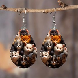 Teardrop Earrings For Women Animals Butterfly Pink Aqua Rainbow Pattern Double-Sided Dangle Earring For Women,Lightweight Wood Earrings Birthday Friendship Jewelry-Cat