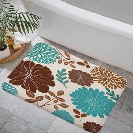 DeeCabin Boho Teal and Brown Floral Bathroom Rugs, Turquoise and Tan Flower Bath Mats for Bathroom, Aqua Blue Bohemia Art Aesthetics Bath Rug, Kitchen Bath Mat Soft Non Slip Bath Rugs 16X24IN