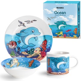 MIAMIO – Set of 3 Kids Dinnerware Set/Porcelain Children Dishes, Kids Dish Set, Children’s Tableware Set - Includes Plate, Bowl and Cup – For Kids and Toddler (Ocean)