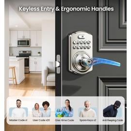 Veise Keypad Door Lock with Handle, Keyless Entry for Front Door & Bedroom, Electronic Lock with Code, Auto-Locking, Easy Installation, Passage Mode, Satin Nickel