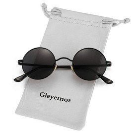 Gleyemor Polarized Round Sunglasses for Men Women Hippie Small Circle Glasses Red Yellow Lenses (Black/Grey)