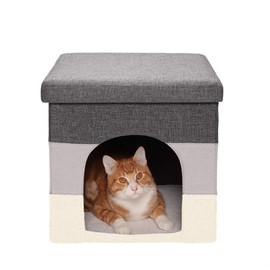 Furhaven Pet House for Cats and Small Dogs - Collapsible Living Room Ottoman Footstool Cat Cave Condo Storage, Hygge Stripe (Gray and Cream), Small