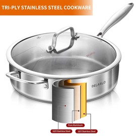 Delarlo Tri-Ply Stainless Steel Saute Pan Set With Lid Kitchen Cookware Set,Frying Pan Set Heats quickly Cookware, Suitable for All Stove Kitchen, Pots and Pans set