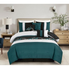 Chezmoi Collection Napa 7-Piece Luxury Leaves Scroll Embroidery Bedding Comforter Set (King, Teal/Black/Gray)