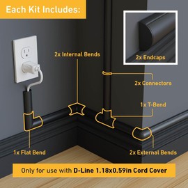 D-Line Cable Raceway Clip-Over Accessories | Join Multiple Channels of D-Line Cord Covers | Coupler and Connector Multipack (Medium (Mini), Black)