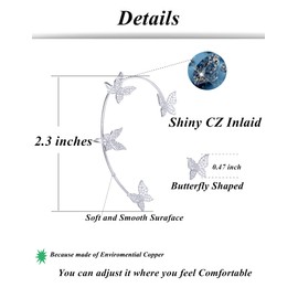 Tornito 4Pcs Butterfly Long Tassel Ear Cuff Dangle Chain Earrings Wrap Crawler CZ Earrings No Piercing Ear Clip Wrap Around Fake Earrings for Women Silver Tone Right Ear