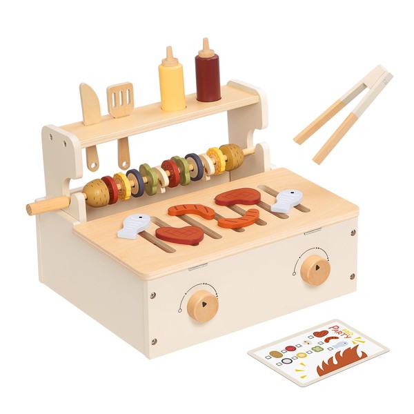 OOOK Wooden Kids BBQ Grill Playset, Play Barbecue Toy Grill