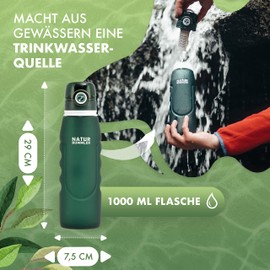 Naturbummler Water Filter Bottle 1000 ml [Co2 Neutral] Includes Hanging Hook & Folding Function - Kills 99.99% of All Bacteria and Germs - Survival Water Filter Camping (1000 ml)