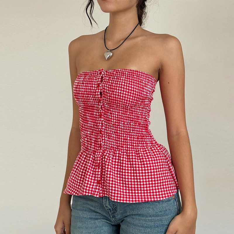 Women Y2k Gingham Tube Top Strapless Backless Plaid Peplum Vest