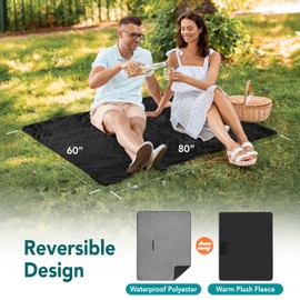 SUN CUBE Large Waterproof Camping Blanket, Fleece Quilted Stadium Blanket for Cold Weather, Windproof Foldable Outdoor Blanket Mat for Picnic, Beach, Pets, Car, 60x80in (Grey/Black)