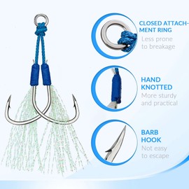 THKFISH Fishing Assist Hooks Saltwater Dancing Stinger Jigging Hooks Double Assist Replacement Fishing Hooks for Slow Pitch Jigs Vertical Jigging Lures Blue-#4/0-5pcs