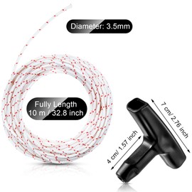 Recoil Starter Rope 10-Meter Pull Cord with 3 Pieces Starter Handle for Lawn Mower Chainsaw Trimmer Edger Brush Cutter Engine Parts (Red and White Cord,3.5 mm)