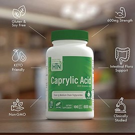 Health Tru Nutrition | Caprylic Acid, 600 Mg, 100 Caps | Ácido Caprilico, 600 Mg, 100 Cápsulas