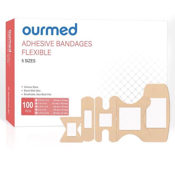 Ourmed Flexible Assorted Bandages Variety Pack 100 Pieces, Fingertip Bandages