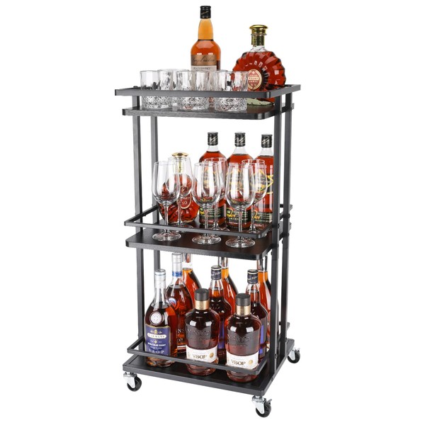 Feemiyo 3-Tier Bar Cart, Serving Bar Cart for Home with Large Storage Space, Made of Wood and Metal with Wheels，Multifunctional cart Suitable for Home Bars, Kitchens, Living Rooms, and bedrooms