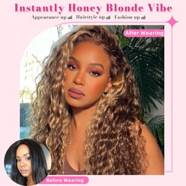 4/27 Ombre Deep wave Lace Front Wigs Human Hair, 13x4 HD Lace Ombre Curly Wig Human Hair, 26 Inch Curly Highlighted Wig Human Hair Glueless Pre Plucked, Honey Blonde Deep Wave Wig 180% Density