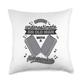 Chromatic Harmonica Set Accessories Beginner Gifts Never Underestimate an Old Man Harmonica Throw Pillow, 18x18, Multicolor