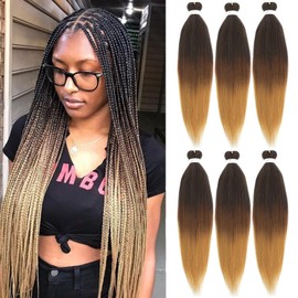 20 Inch Pre Stretched Braiding Hair，6 Packs Soft Yaki Texture EZ Braid for Box Braids Hot Water Setting Synthetic Fiber Hair Extensions（1B/30/27#）