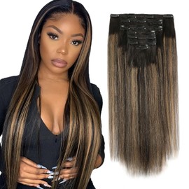 ABH AMAZINGBEAUTY HAIR Yaki Clip in Hair Extensions Human Hair Rooted Black Piano Natural Black #1B With Caramel Blonde #27 Two Tone Yaki Straight Clip ins for Black Women 20 Inch Full Head 120G 7Pcs