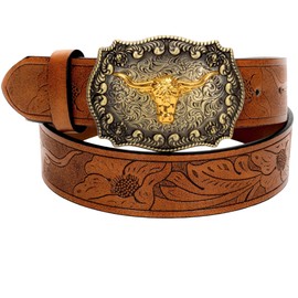 UTOWO Rodeo Western-Longhorn-Bull Cowboy-Belt for Women-Men Bull-Floral-Embossed PU-Leather Cowgirl Waist Belt for Jeans