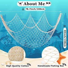 Chumia 12 Pcs Fish Net Decorative Hanging Party Supplies 78.7 x 59 Inch Nautical Party Decorations Natural Cotton Fishnet Party Accessory for Hawaiian Pirate Fishing Theme Party Supplies (Beige)