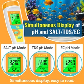 ORAPXI pH Meter Salinity Tester for Saltwater Aquarium Simultaneous Display of pH Salt for Saltwater Pool Update Aquarium pH Tester pH and Salt Meter for Saltwater Aquarium Reef Tanks Koi Pond