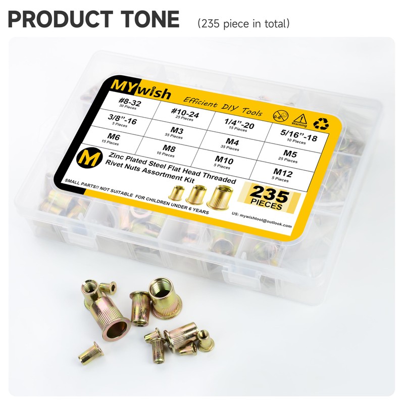 235Pcs Rivet Nuts Assortment Kit, Zinc Plated M3 M4 M5