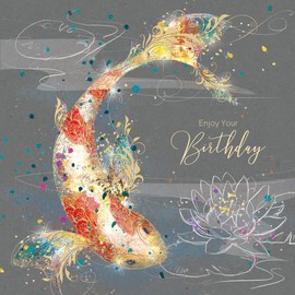 Cherry Orchard Koi Carp Happy Birthday Card with Gold Foil Detailing and Gold Envelope Grace Range from
