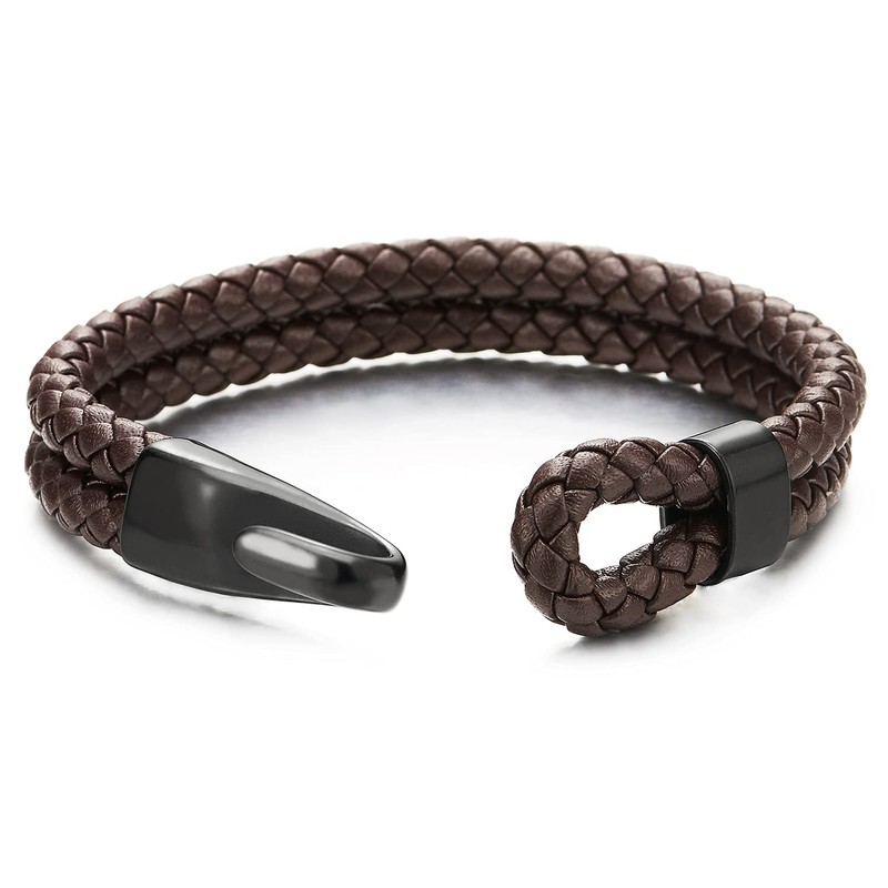 COOLSTEELANDBEYOND Men's Women's Double Row Braided Leather Bangle Bracelet with