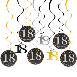18th Birthday Decoration, 18th Birthday Decoration Spirals Set, 22 Pieces, 18th Black Gold Birthday Hanging Decoration, Ceiling Hanger, Spiral Garland, for 18th Birthday, Wedding, Anniversary or Party