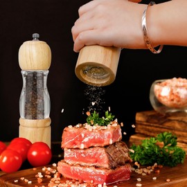 ManGotree Pepper Mill & Salt Grinder Set | Natural Solidwood with Acrylic Visible Window | Adjustable Coarseness – Perfect for Gourmet Cooking, 8 Inch, 2 Pack (Natural)