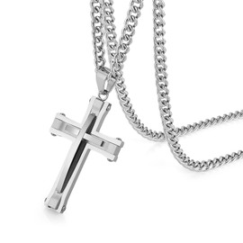 HZMAN Silver Cross Necklace for Men Stainless Steel High Polished Double Layer Cross Necklace Pendant Christian Jewelry Gift with 24Inch Cuban Chain