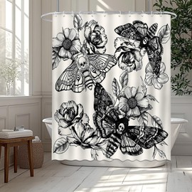 Mocsicka Gothic Skull Moth Shower Curtain Death Moth and Flowers Bathroom Shower Curtain Vintage Skeleton Moth Waterproof Fabric Bathtub Curtain Decor with 12 Hooks 72 X 72 Inches