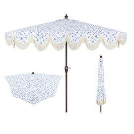 JONATHAN Y UMB1201G Beverly 9 ft. Designer Classic Scalloped Fringe Half Market Patio Umbrella with Crank, Push Button Tilt and UV Protection in Blue/White/Cream