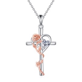 YONFQE Rose Cross Necklace 925 Sterling Silver Rose Pendant Love Heart Jewelry Gift for Women