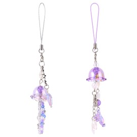 Mikovivi 2pcs Jellyfish Keychains, Y2K Phone Charm Cute Cell Pendant Accessories with Starfish & Fish for Phone Earphone Bag Wallet Camera Decor (Purple,Silver)