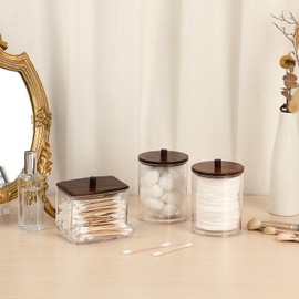 Hipiwe 3 Pack Acrylic Cotton Ball Holder Clear Qtip Holder Bathroom Canister Storage Box with Lid Apothecary Jars Makeup Organizer for Cotton Balls,Swabs,Pads,Brown