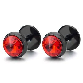 Mens Womens Black Circle Stud Earrings with 6mm Spiked Red Cubic Zirconia, Steel Fake Gauges Plugs