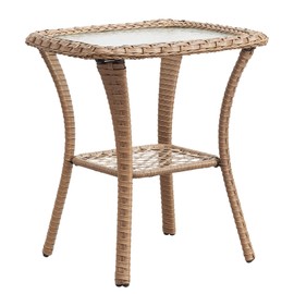 Belord Small Outdoor Side Table - 50 LBS Weight Capacity Wicker Side Table with Storage, Tempered Glass Top Patio Side Table for Porch Balcony Deck Yellow