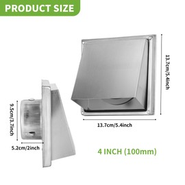 Axigundaone 4 Inch External Extractor Wall Vent Stainless Steel, Square Dryer Vent Cover Outdoor, Exterior Wall Vent Non Return Flap for Home Industrial Facility Replacement (Sliver)